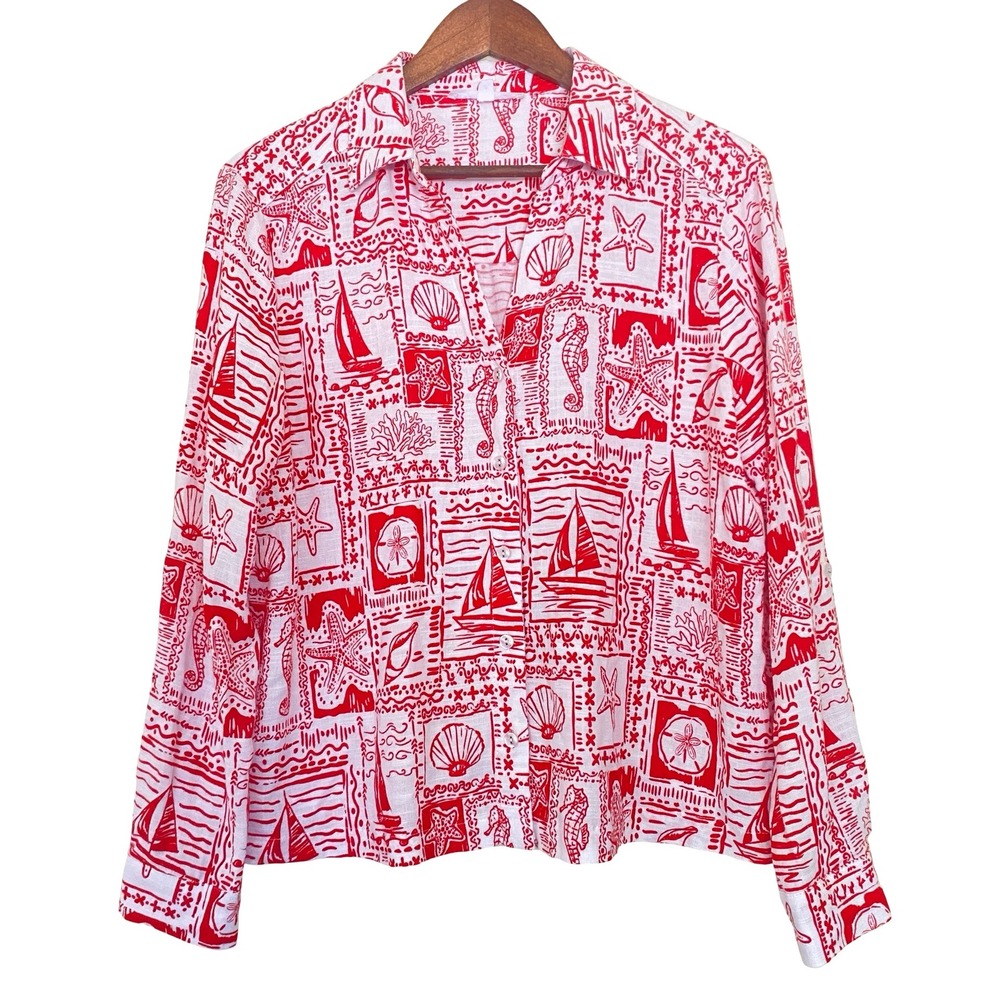 Jane + Delancey Women Coastal Nautical Button Down Shirt Size M Red White Linen